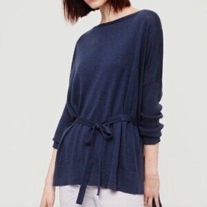 LOFT LOU & GREY Belted Sweater Tie Waist Bow Knit Top Blue Grey XS Long Sleeve